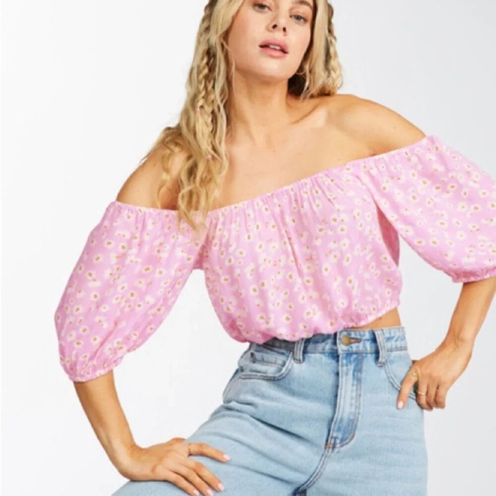 Billabong Sun City Off-The-Shoulder Puff Sleeve Crop Top Size M